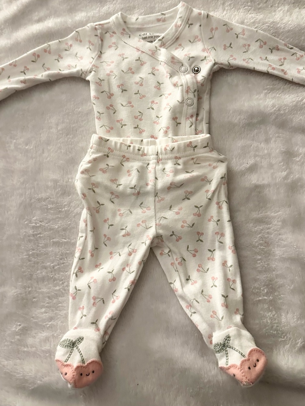 Carter's White Two-Piece Footie Set with Pink Cherry Motif
